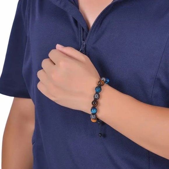 10mm Triple Protection Drawstring Bracelet Hematite Black Agate Tigers Eye Stone - Picture 7 of 9